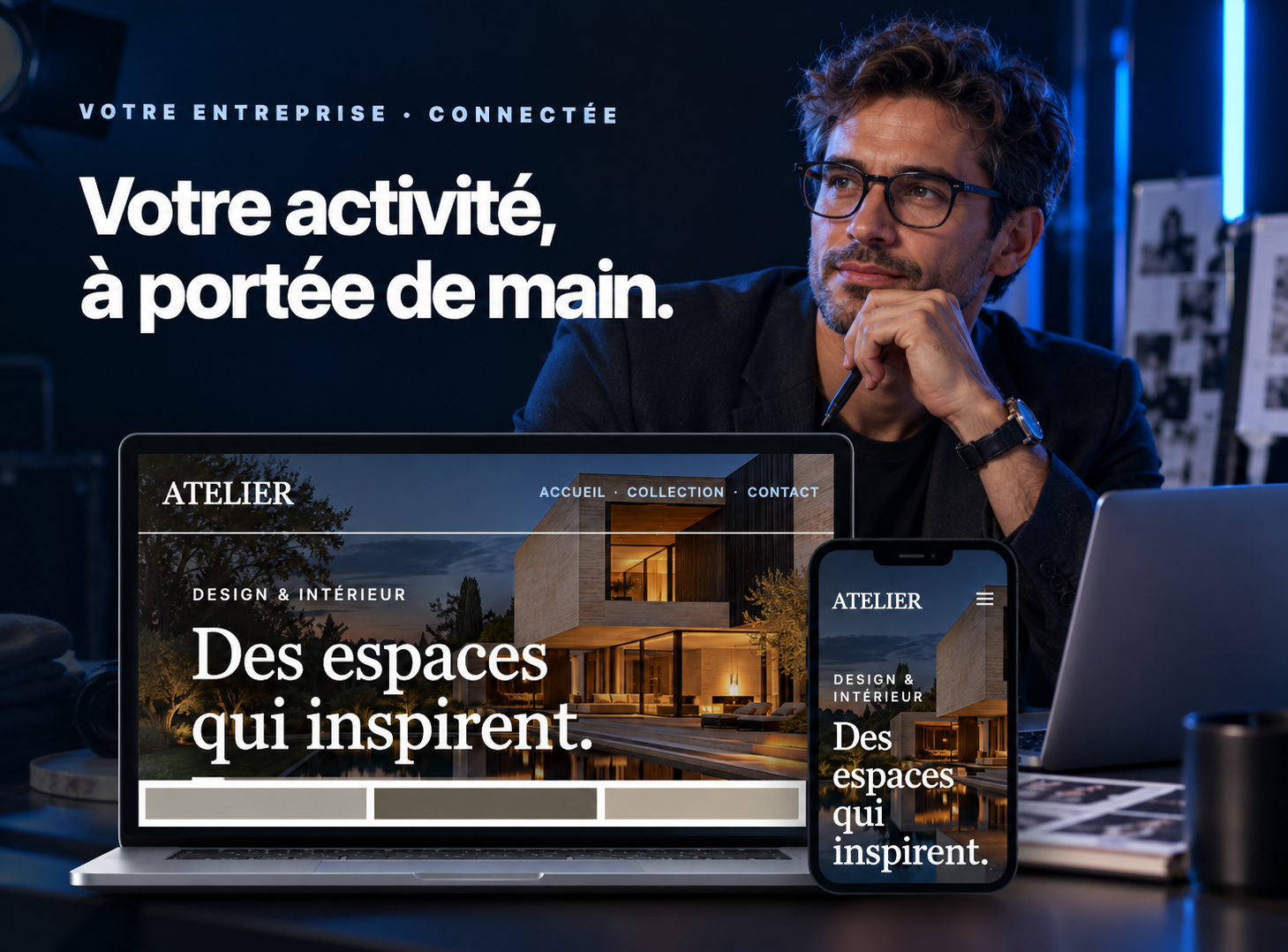 Entrepreneur présentant un site web sur ordinateur portable et smartphone